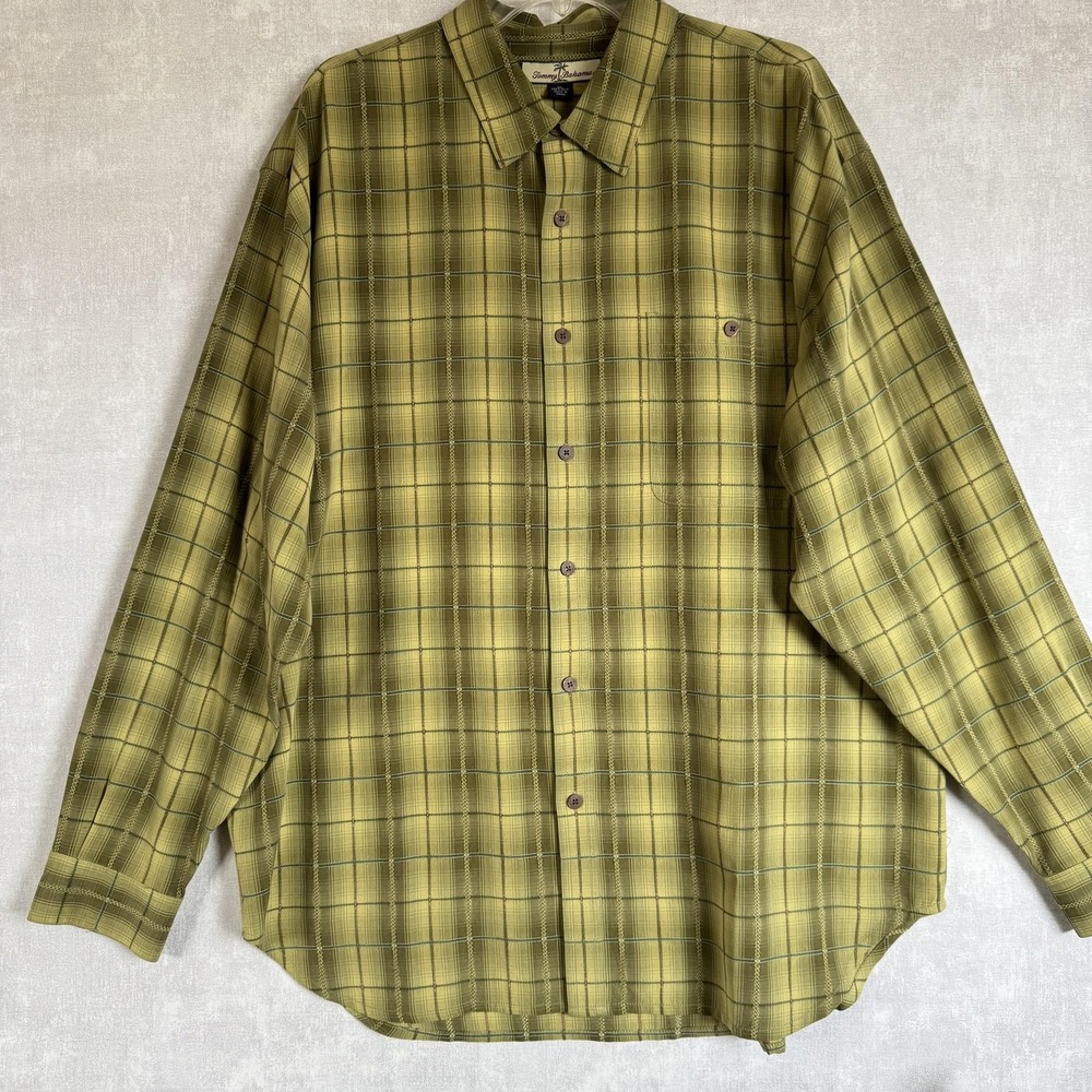 Tommy Bahama Shirt Mens Extra Large Green Plaid Silk Long Sleeve Button Up